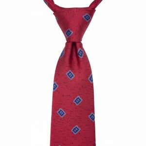 Yves Saint Laurent Red Tie with Blue Geometric Design